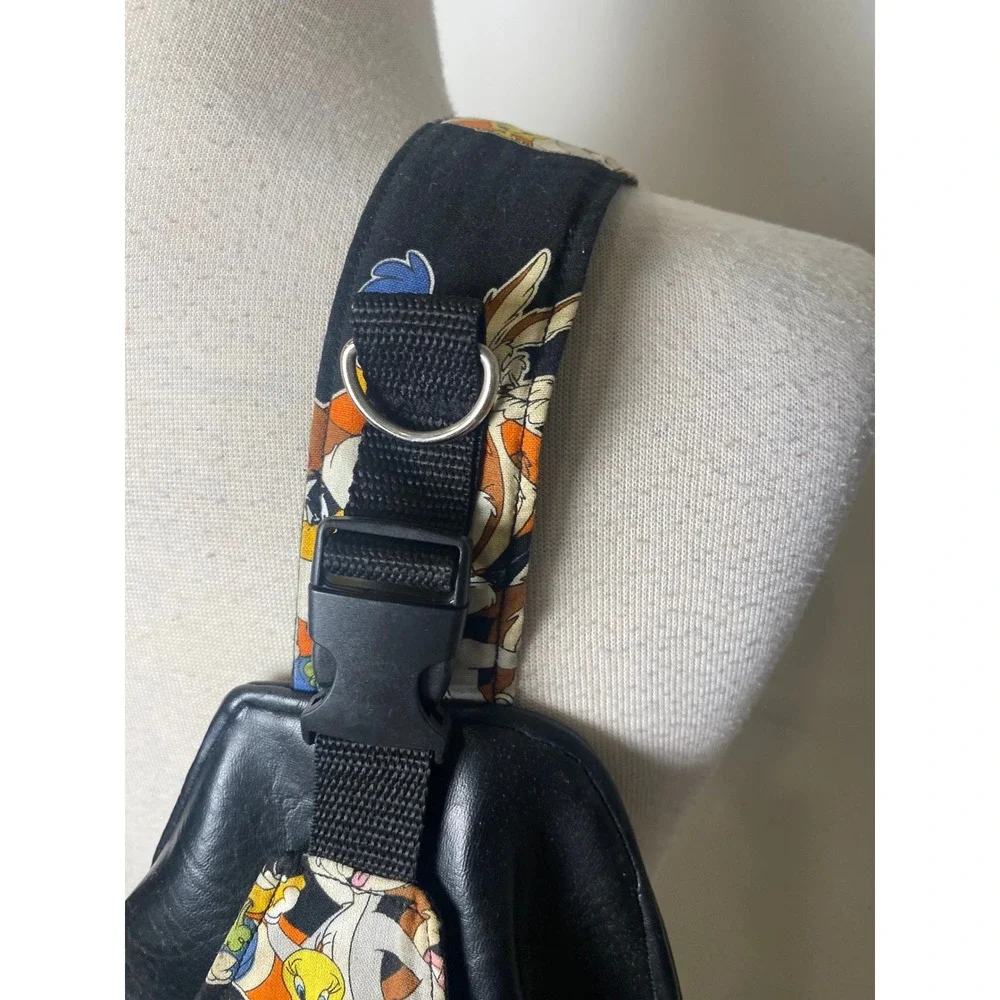 Vintage 90s Looney Tunes Leather Sling Backpack Bugs Bunny Tasmanian Devil Black